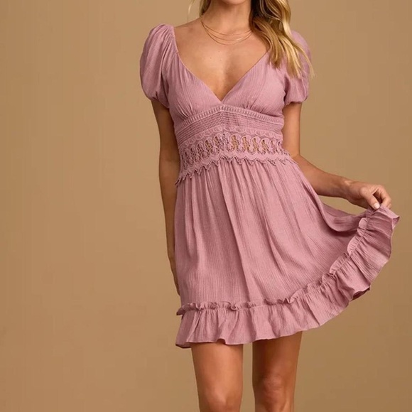 Lulus Dresses & Skirts - Lulu's Dusty Rose Crochet-Trim Puff Sleeve Mini Dress
